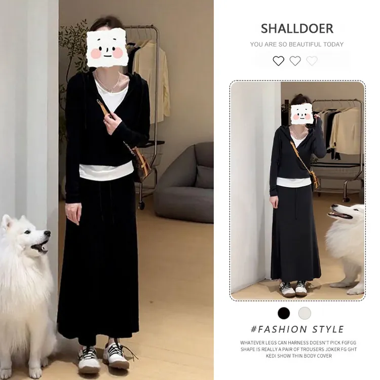 网红洋气炸街套装女2026春秋新款假两件连帽长袖t恤半身裙两件套