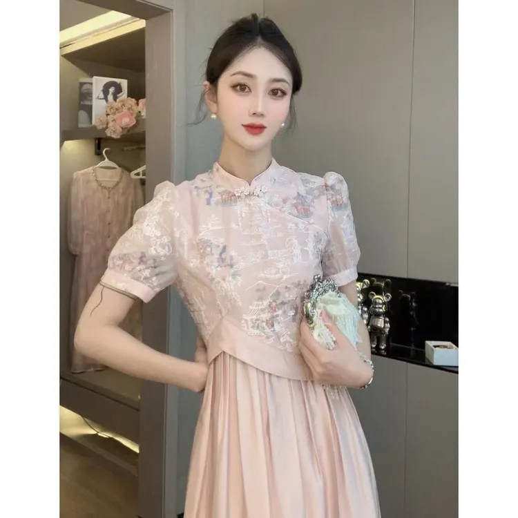 【现货】2025新款夏季中式国风提花气质旗袍连衣裙两件粉色