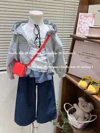 韩系女童2025秋季款时髦短款花边连帽卫衣外套女宝洋气格子屁帘裤
