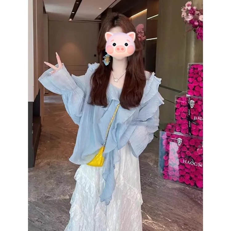 法式温柔风荷叶边v领防晒衬衫女春夏季新款宽松显瘦甜美减龄上衣