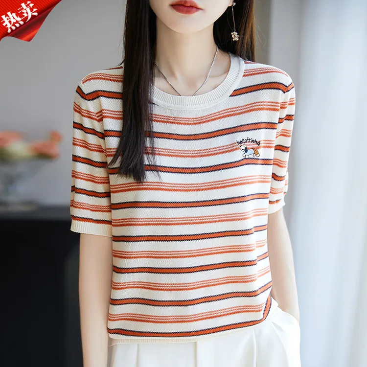 时尚品牌2025夏季简约百搭撞色条纹圆领针织衫宽松薄款韩版女上衣