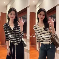 *九莉【条纹定律】羊毛混纺 假两件条纹连帽针织上衣