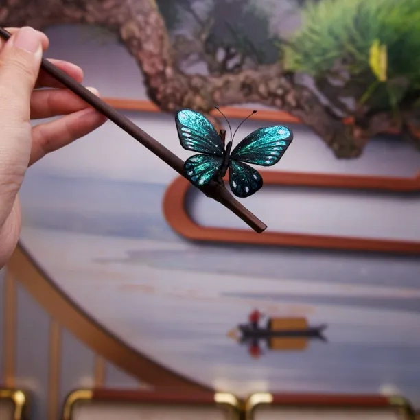 七公子 栖春山 绒花蝴蝶发簪中国风古装簪子简约百搭复古旗袍竹簪