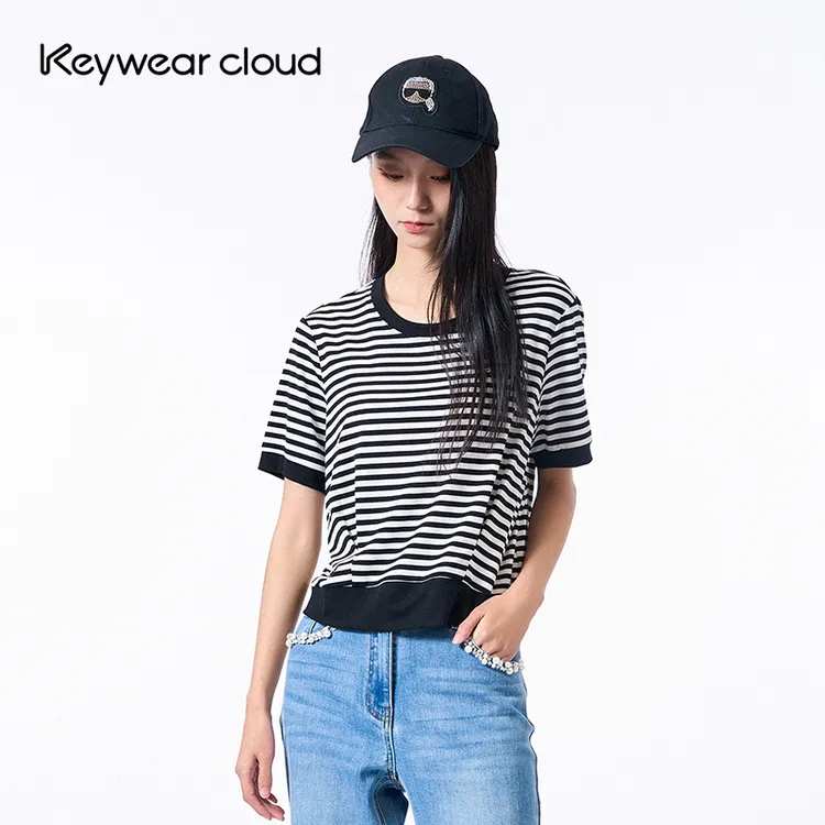 Keywearcloud奇威秋季简约休闲经典撞色条纹刺绣熊猫圆领短袖T恤