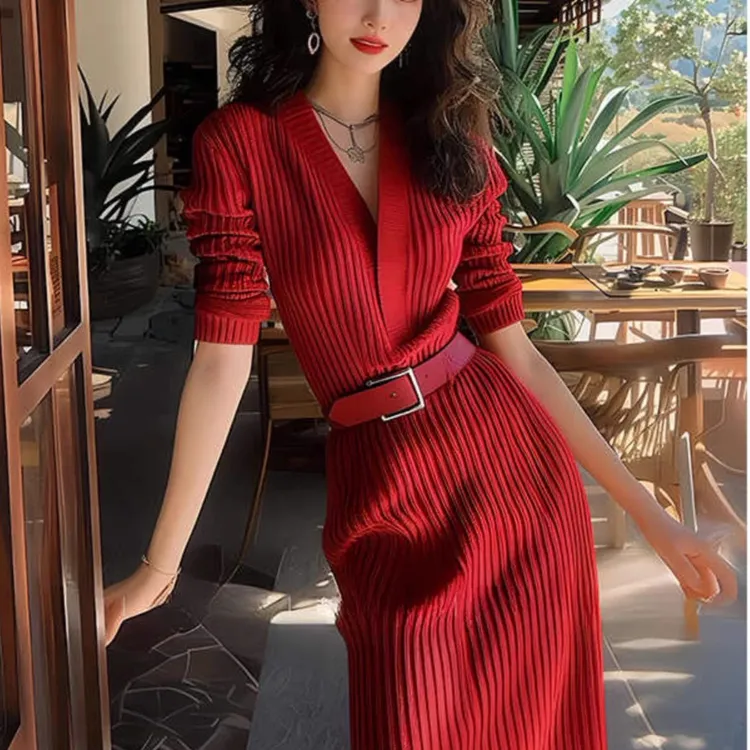 法式裙女装红色针织连衣裙2025早秋新款OL气质高级感显贵收腰长裙