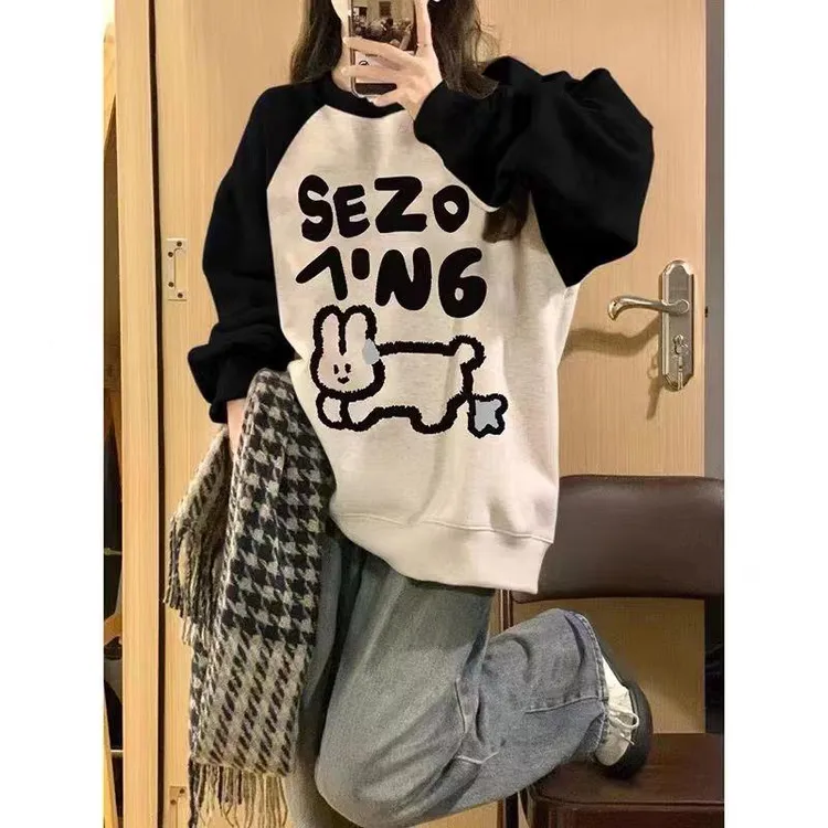 圆领卫衣少女秋冬装13大童初中高中学生15岁宽松加绒加厚长袖上衣