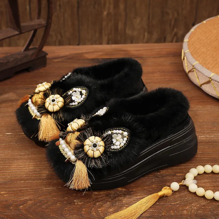 厚底棉鞋【墨玉金霄】手工虎头鞋女成人中国传统老北京布鞋绣花冬