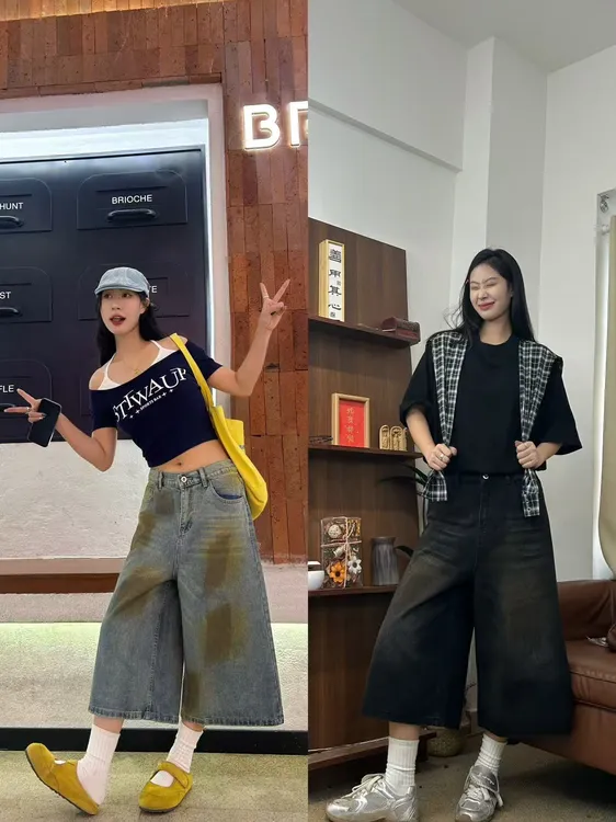 【吉阿嘉】美式休闲做旧手工喷墨半松紧腰显瘦百搭牛仔7分裤LK25530