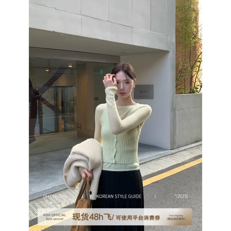 现货 DH 大花【韩女滤镜】韩系针织背心两件套秋冬透感长袖针织衫