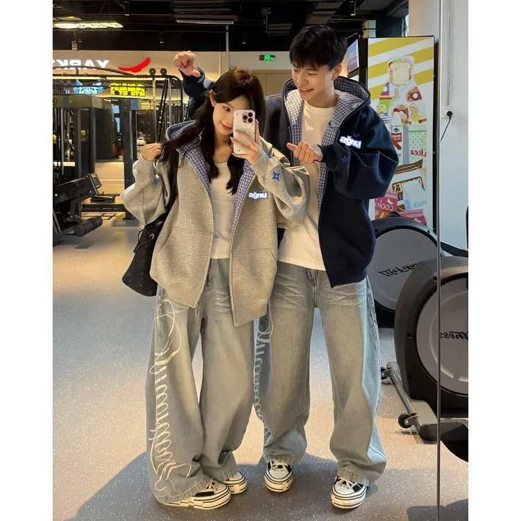 美式设计感字母印花灰色蓝格连帽卫衣外套秋冬季宽松连帽开衫上衣
