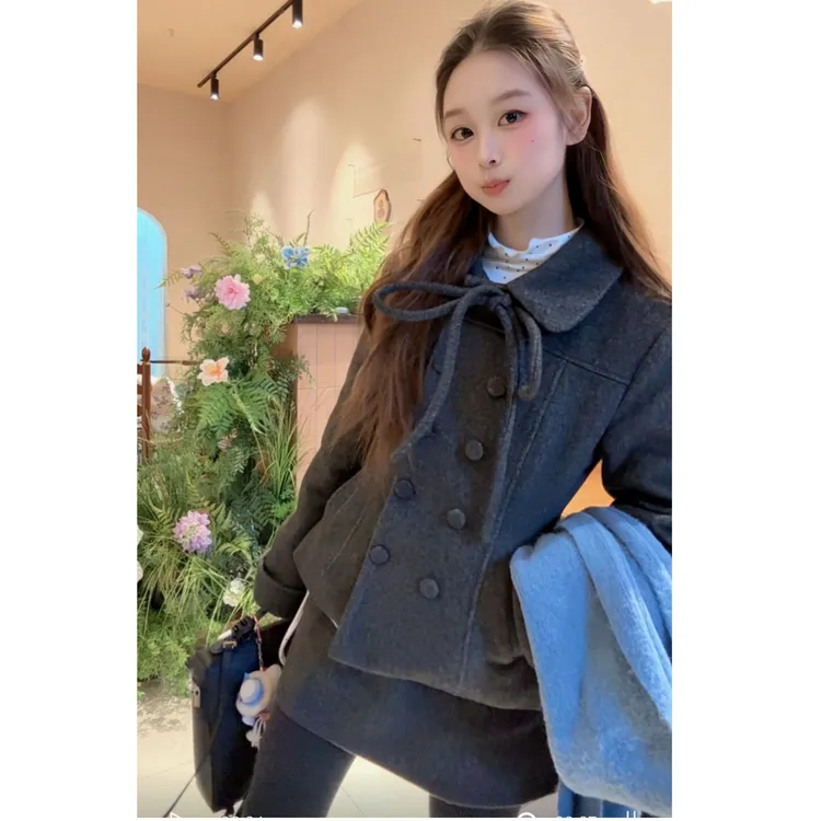 【赫尔小姐】冬季格雷系蝴蝶结双排扣羽绒服洋气/A字收腰半身裙