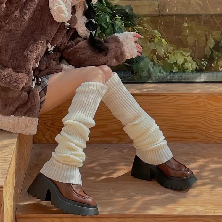 秋冬款松弛慵懒保暖针织袜套Y2Y白色小腿袜腿套日系原宿风堆堆袜