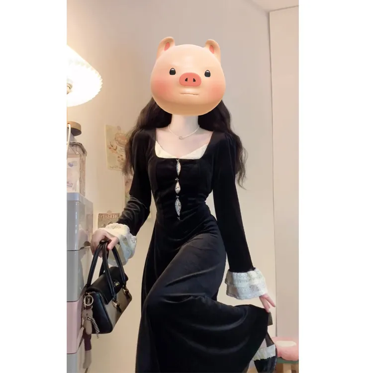 大码【玫瑰庄园】法式宫廷高腰显瘦蕾丝长裙撞色黑色丝绒连衣裙女