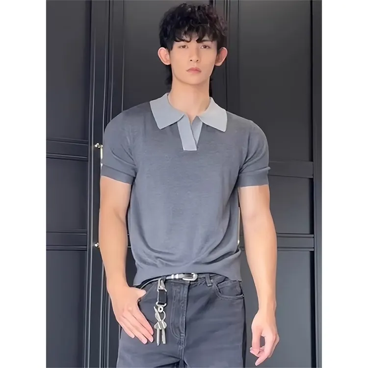 cleanfit拼色polo领冰丝凉感针织t恤男夏季潮牌重磅修身正肩短袖