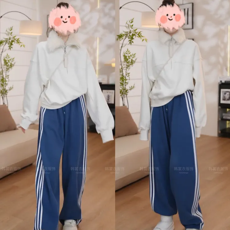 冬季时尚百搭立领卫衣外套条纹休闲加绒卫裤两件套