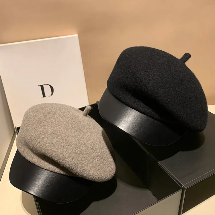 英伦复古羊毛黑色文艺贝雷帽女秋冬季显脸小鸭舌帽百搭皮檐八角帽