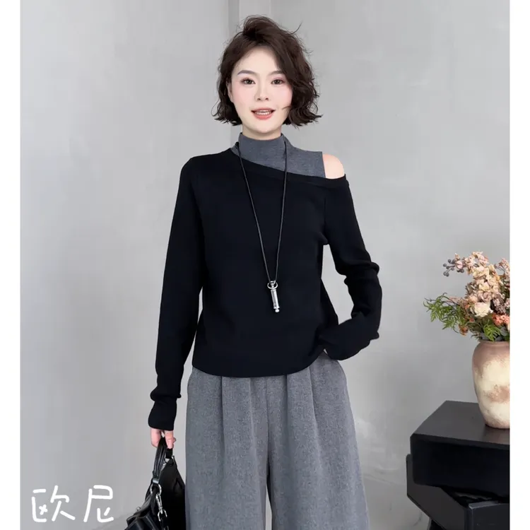 欧尼私服 2025秋冬新款小众设计感拼色假两件套头针织衫2510C6469