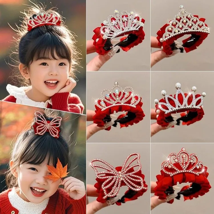 儿童新年皇冠头饰发夹神器女童丸子马尾公主红色女孩发卡过年发饰