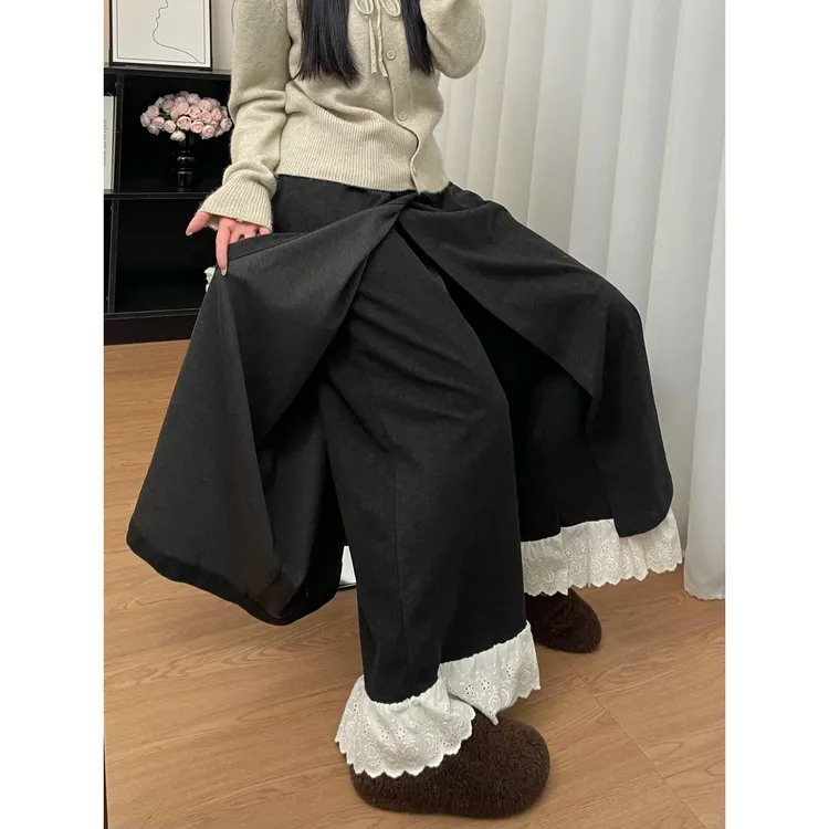 深灰色花边裙裤女秋季新款大码胖mm梨形身材显瘦a字糯米休闲裤裙
