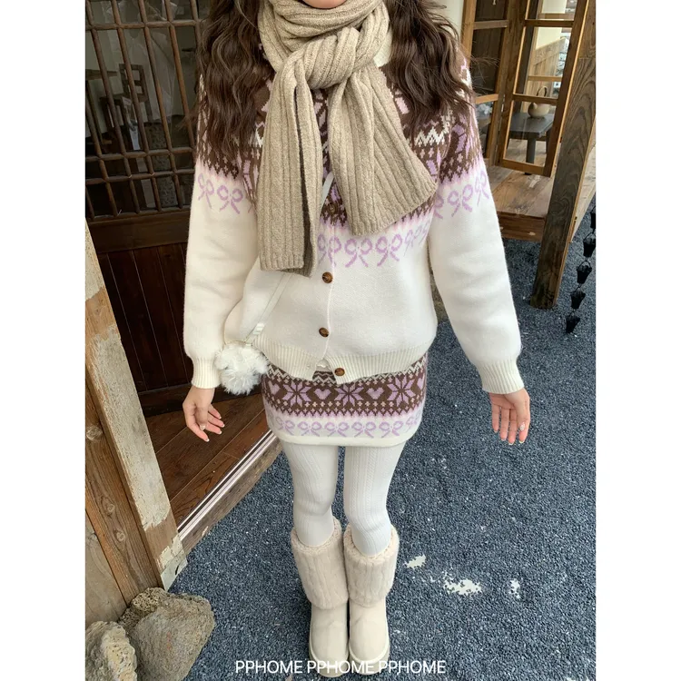 费尔岛童话 甜美少女提花针织毛衣高腰半裙两件套套装