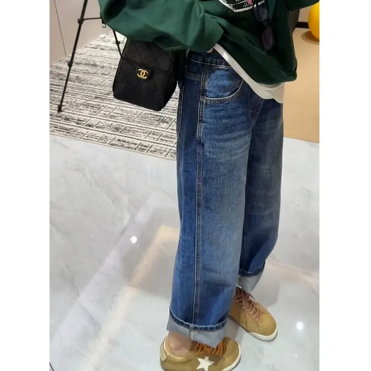 大码高腰蓝色九分牛仔裤女早秋新款宽松显瘦梨型身材遮胯直筒裤子