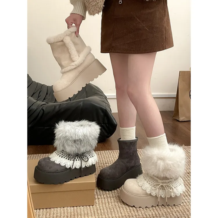 女王范费尔岛保暖毛毛厚底雪地靴女款2025新款冬季加绒加厚棉鞋