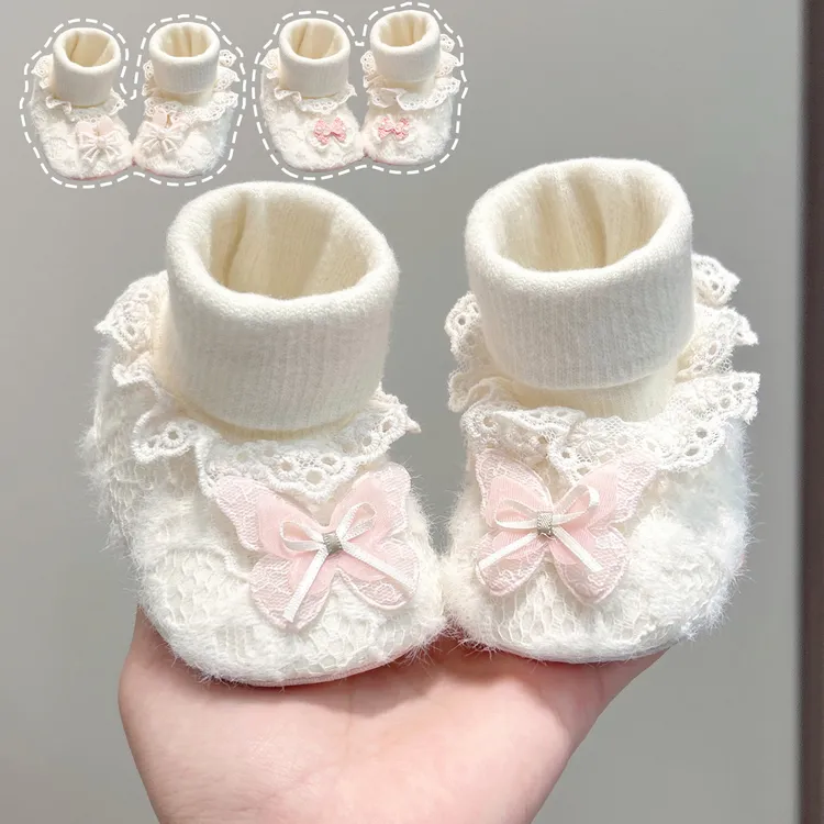 冬季蕾丝蝴蝶结加厚棉鞋0-6个月加绒女宝宝公主风小月龄不掉鞋