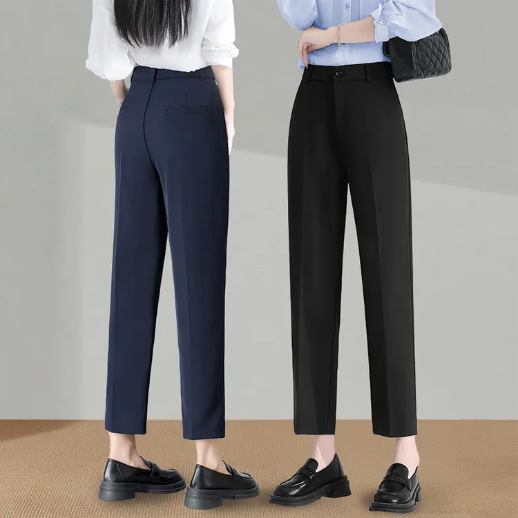 黑色西装裤女秋冬加绒高腰小个子藏青色直筒职业工作九分烟管西裤