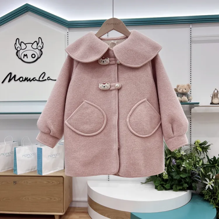 MOMOCO女童冬季新款儿童韩版可爱猫咪翻领呢子外套77830107005