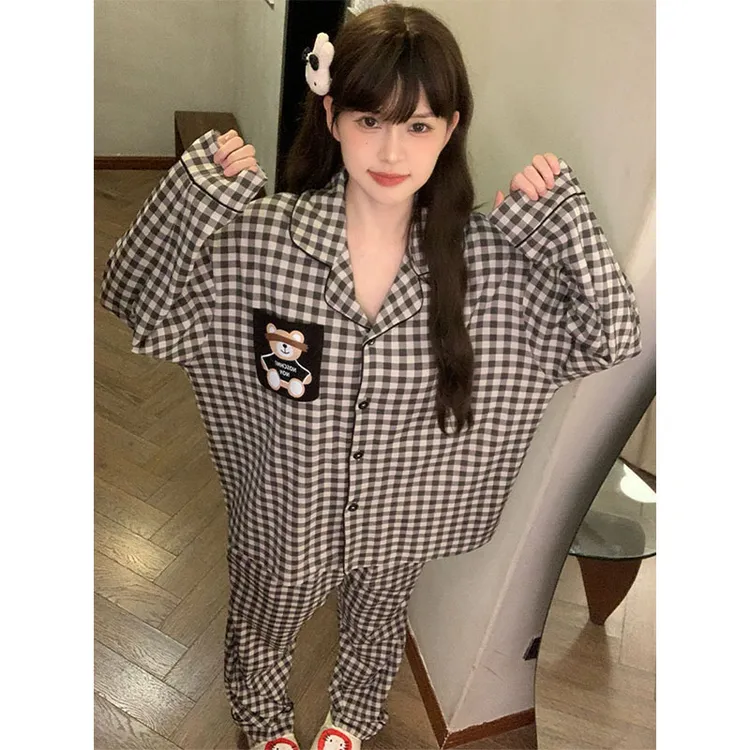 2026新款韩版简约格子睡衣女款春秋季爆款女士长袖长裤家居服套装