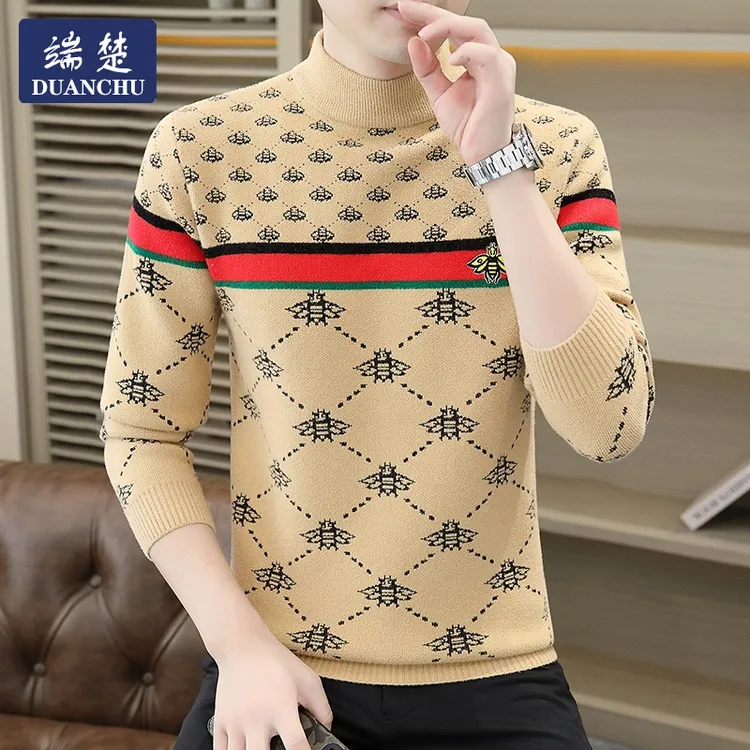 欧版潮牌男装长袖秋冬半高领针织打底衫潮流修身2024新款休闲毛衣