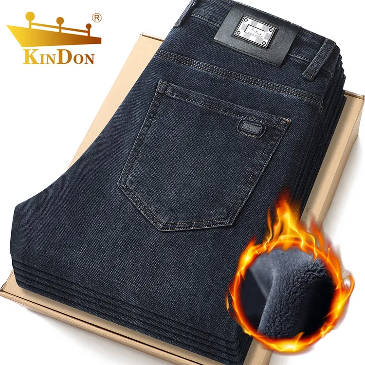 金盾秋冬加绒厚男士牛仔裤弹力直筒宽松商务休闲轻奢百搭高腰裤子