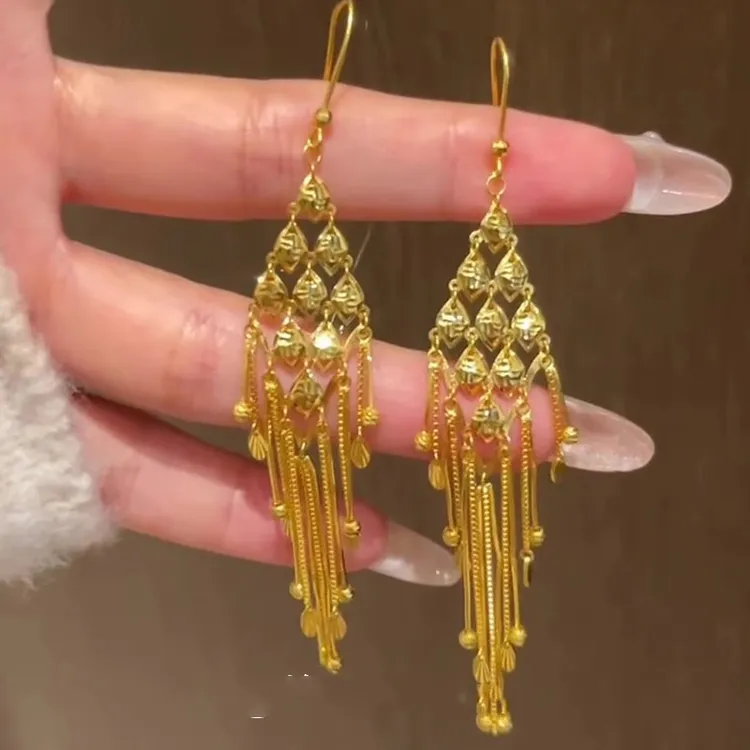 铜合金耳饰 复古轻奢金色流苏耳环女款气质时尚中古宴会耳饰个性