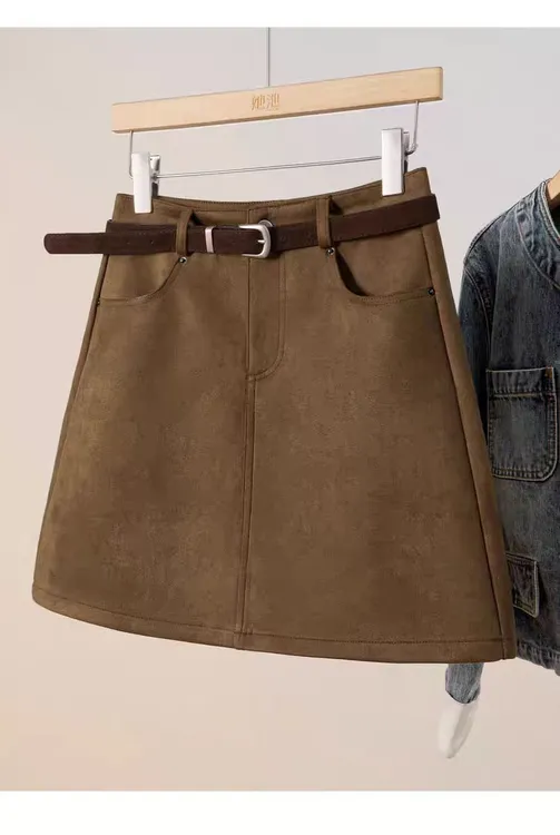 短裙女秋冬a字棕色半身裙2025新款高腰复古包臀美拉德麂皮绒半裙