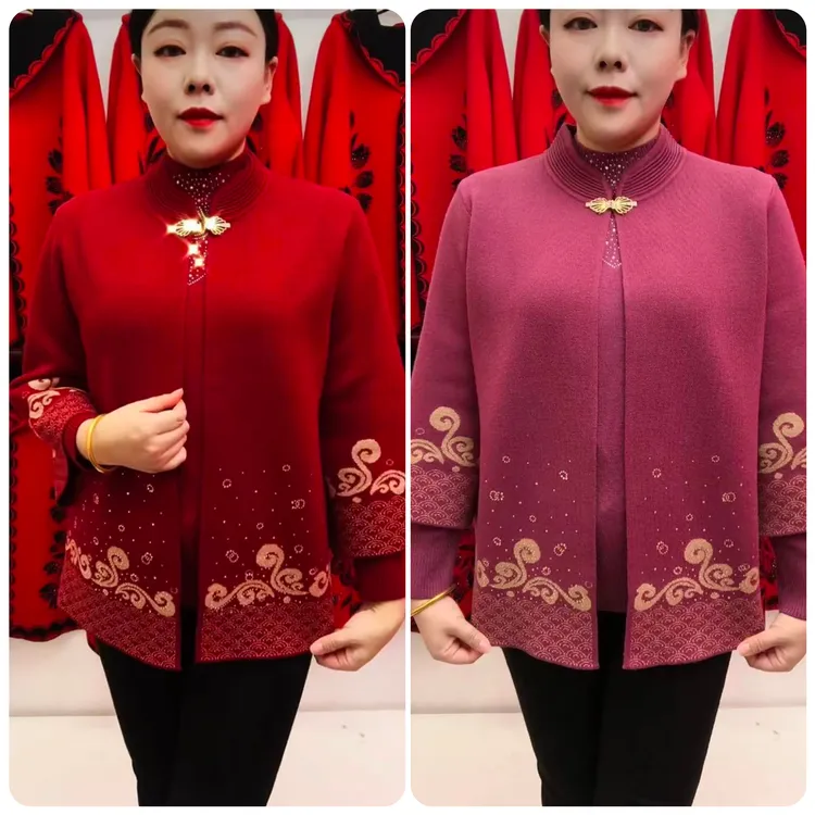 134##冬季新款女装中老年时尚两件套羊牦开衫（里面小衫外面开衫）