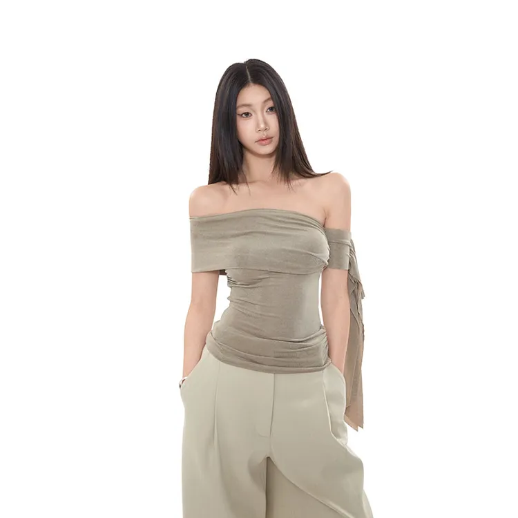 withmin【现货】凉皮 辣妹舒适 修身露肩一字肩抹胸绑带上衣2522318