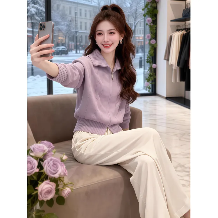 香芋紫麻花厚毛衣拉链半高领外套女新款秋冬季穿搭多巴胺宽松上衣