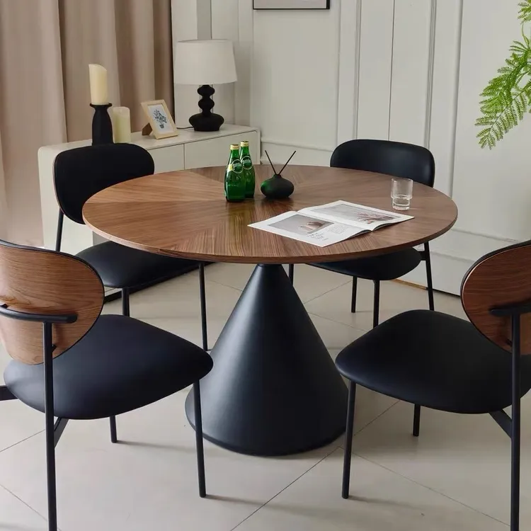 中古风实木餐桌圆形桌子家用大小户型圆桌法式复古简约餐桌椅组合