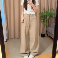 85501余小鱼【卡其记忆】卡其色时尚韩系抓毛水洗阔腿牛仔裤女装