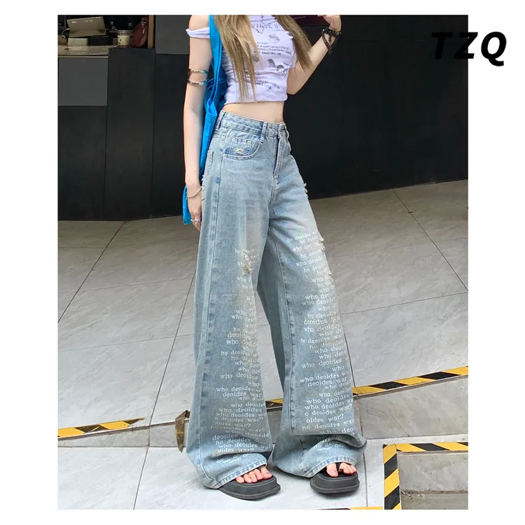 数码字母印花破洞阔腿牛仔裤女夏季薄款高腰美式直筒裤TZQ2571504