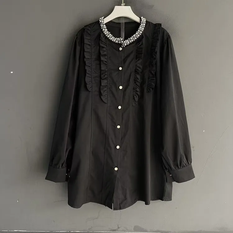 钉珠宽松型长袖森系刺绣显瘦衬衫衬衣百搭时尚黑色衬衫