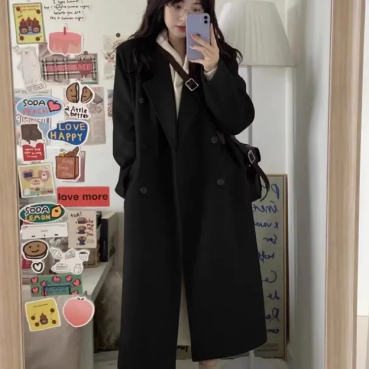 黑色赫本风高级感女款中长款秋冬加厚毛呢大衣