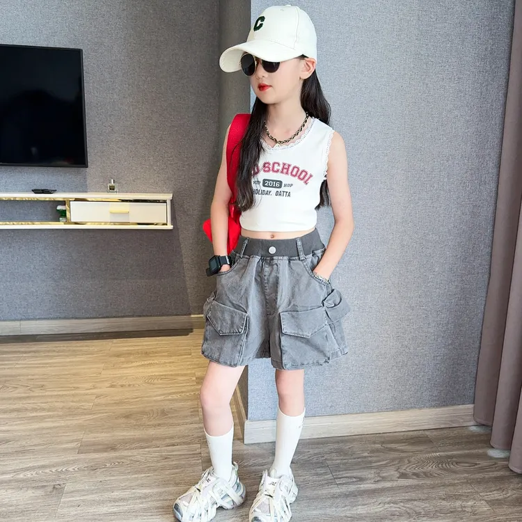 2025新款夏季女童时尚洋气潮酷百搭高品质蕾丝边背心短裤两件套潮