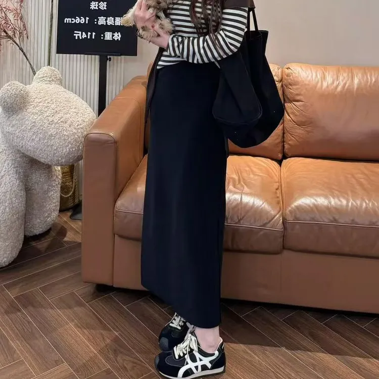 轻OL*高智美人包臀弹力半身开衩长裙*高级乱麻梨形显瘦直筒半裙