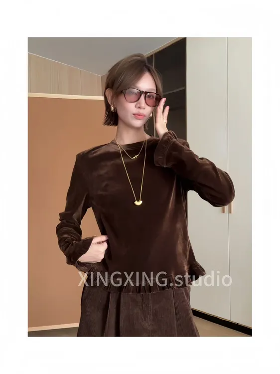 X.x.秋季新款欧货设计感圆领花边百搭丝绒上衣女3878