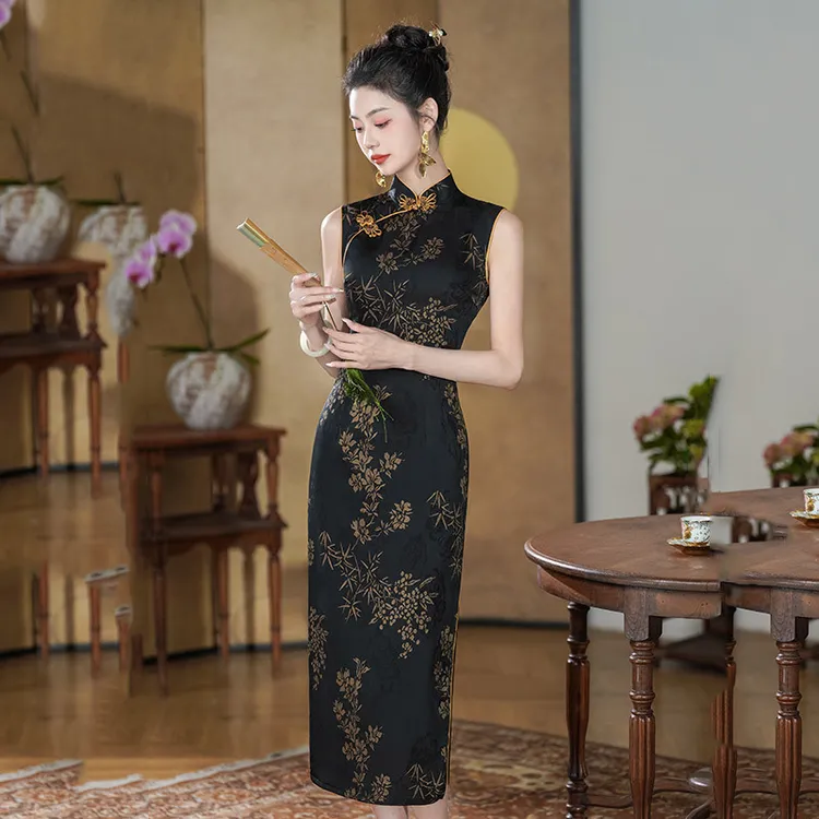 【古韵国风】黑色显瘦国风新中式长款无袖旗袍改良年轻款2025新款女