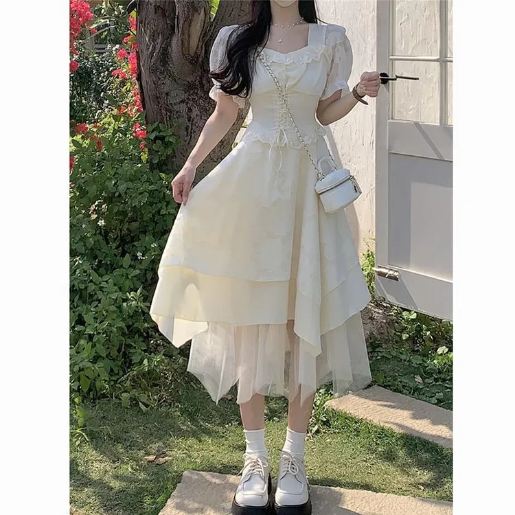 FAVMARTHA法式白色连衣裙女夏季小个子纱裙蛋糕蓬蓬公主仙女长裙