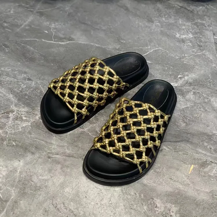 欧洲站露趾厚底编织镂空一字拖外穿女夏百搭拖鞋平底凉拖沙滩鞋