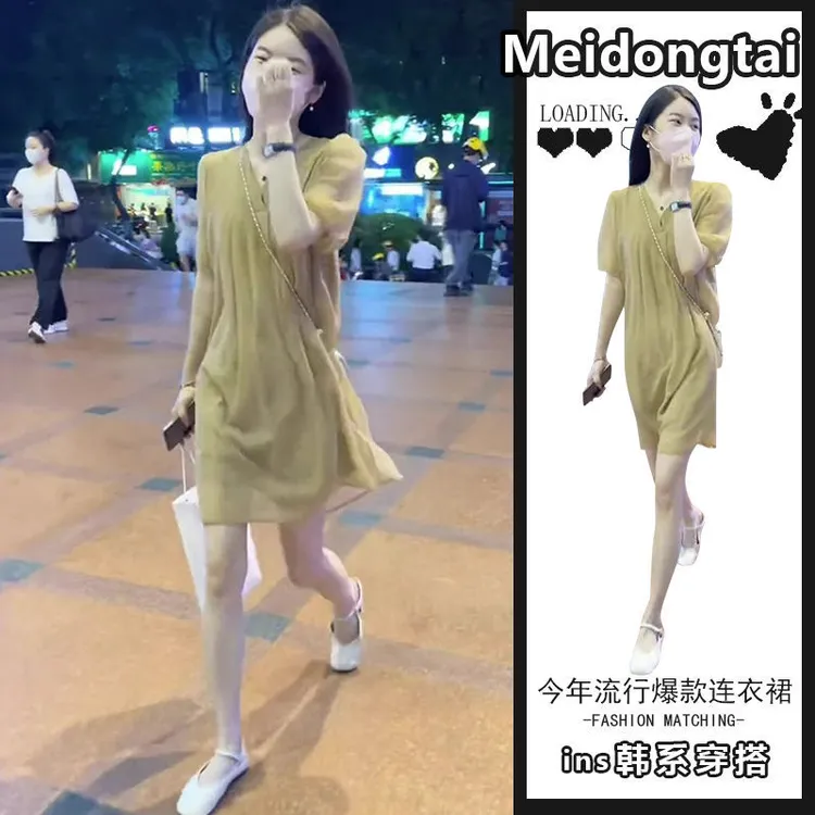 茶歇法式绿色连衣裙女夏季2023新款网红爆款温柔风遮肚子减龄裙子