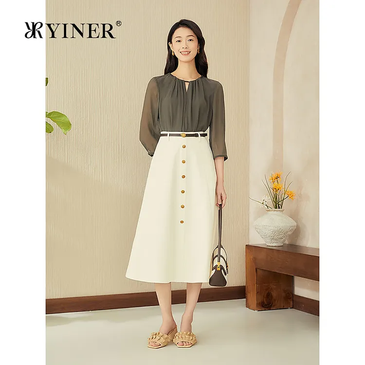 【真丝系列】YINER音儿2025新款100桑蚕丝镂空上衣小V领衬衫